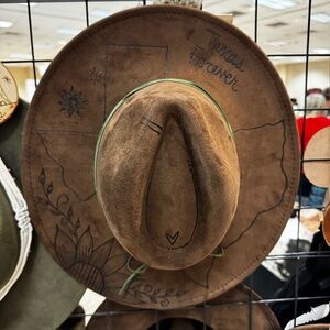 Tan, vegan sued, hand-burned wide-brimmed hat